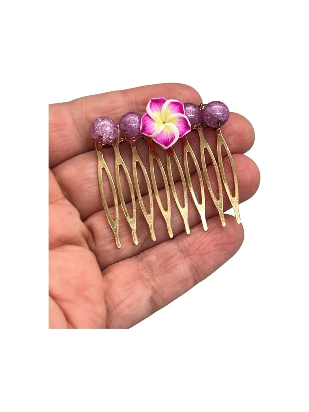 Gold Hair Comb with Pink Flower and Bead Accents FINAL PRICE DROP